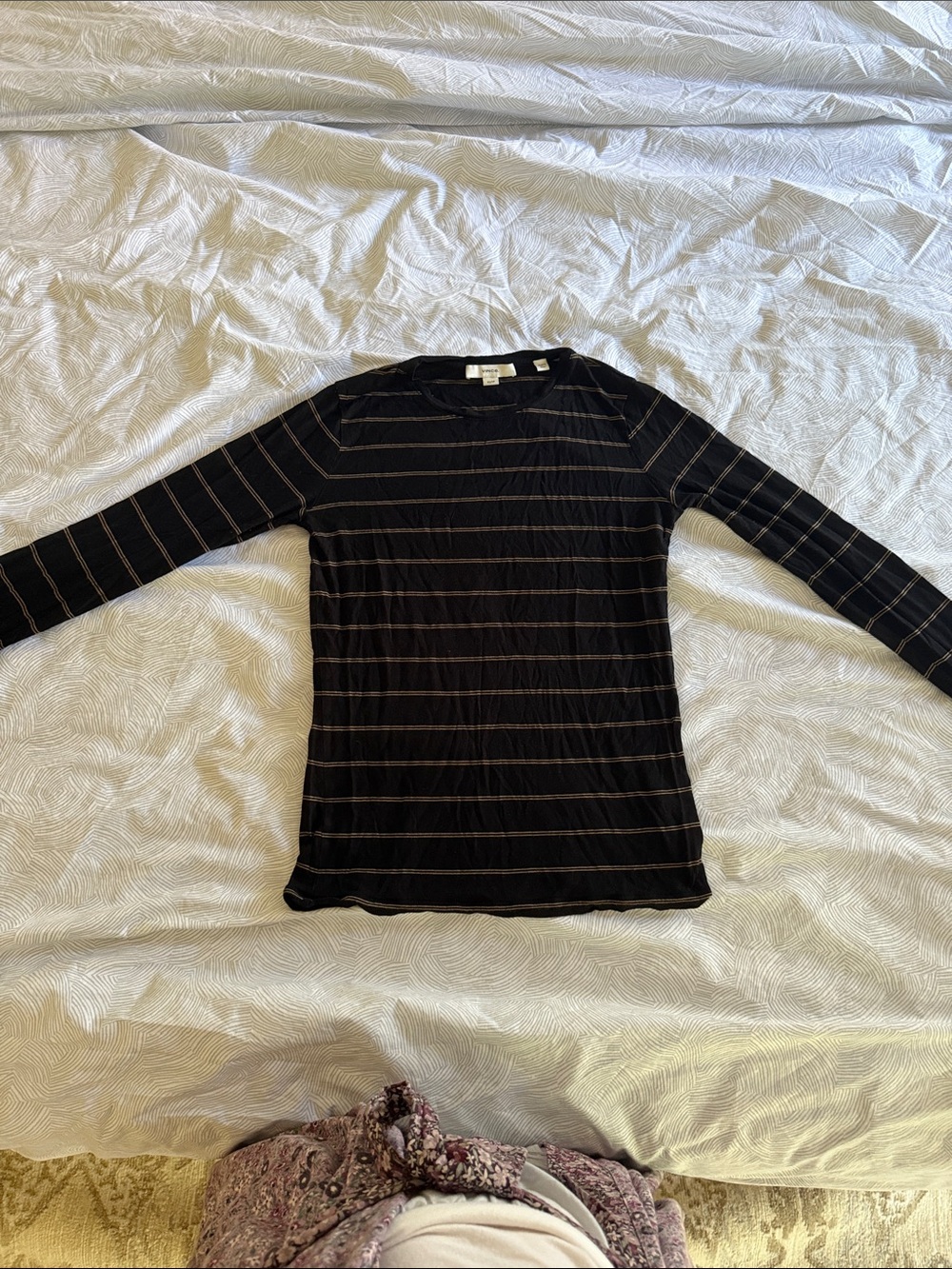 Vince Black Long-Sleeve Tee with Thin Tan Stripes